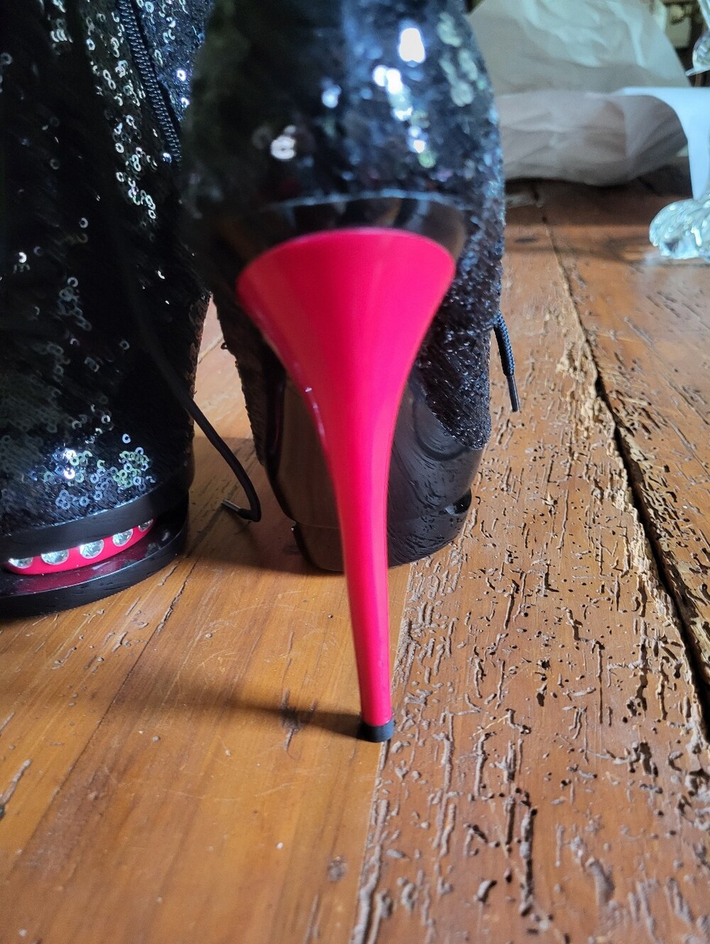 Pleaser Black Sequin Lace-Up Platform Booties with Red Heel - Picture 2 of 11